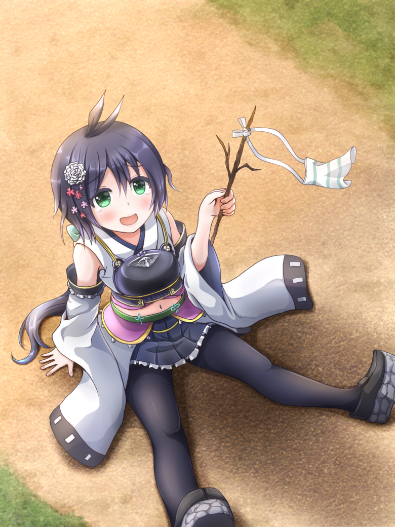 1girl, :d, antenna_hair, black_hair, black_legwear, black_shoes, black_skirt, blush