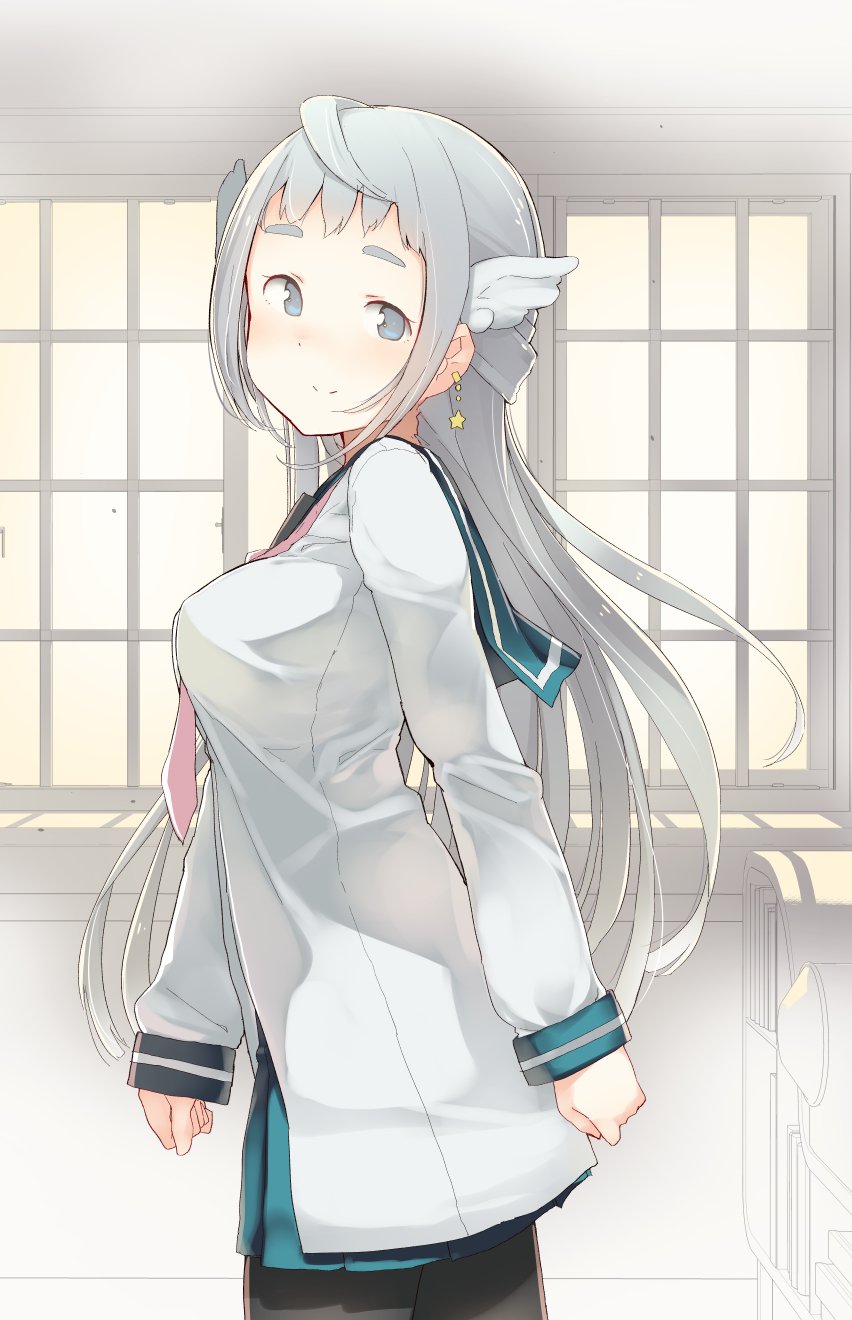 1girl, ahoge, alternate_costume, alternate_hairstyle, between_breasts, black_legwear, blue_eyes, blue_hair, blue_skirt, blush, breasts, closed_mouth, commentary_request, cowboy_shot, earrings, eyebrows_visible_through_hair, from_side, fuu_fuu, head_wings, highres, indoors, jewelry, light_rays, long_hair, long_sleeves, looking_at_viewer, medium_breasts, merc_(merc_storia), merc_storia, necktie, necktie_between_breasts, pantyhose, pleated_skirt, red_necktie, school_uniform, serafuku, skirt, smile, solo, star, star_earrings, sunbeam, sunlight, white_wings, wings