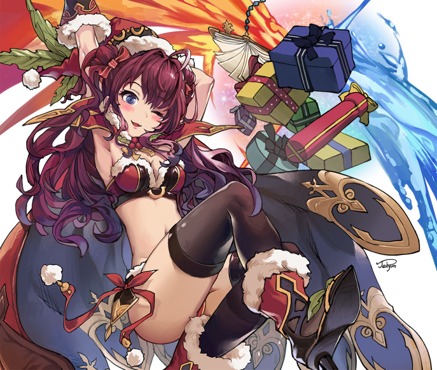 1girl, :3, ahoge, armpits, arms_up, black_gloves, black_legwear, blue_eyes