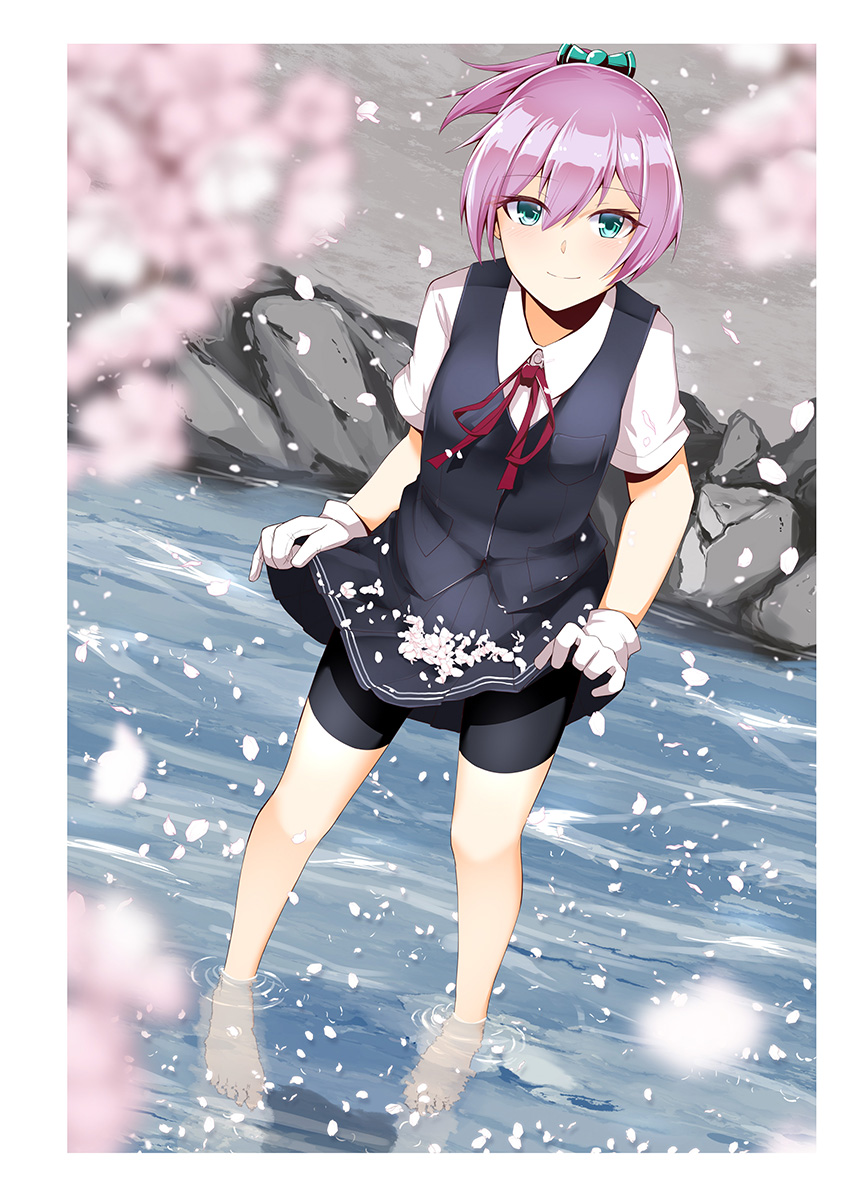 1girl, bike_shorts, blouse, blue_eyes, full_body, gloves, hair_between_eyes, hair_ornament