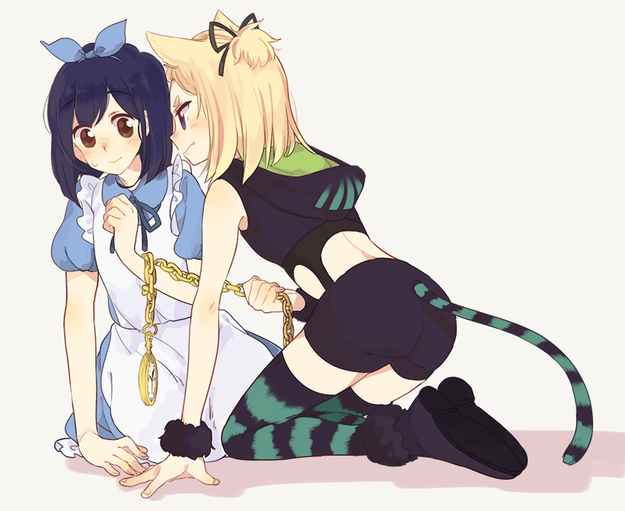 2girls, alice_(wonderland), alice_(wonderland)_(cosplay), alice_in_wonderland, alternate_costume, animal_ears, apron, bangs_pinned_back