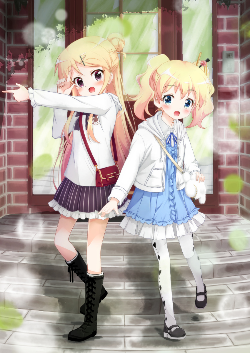 2girls, alice_cartelet, bag, bassa, blonde_hair, blue_eyes, boots, dress