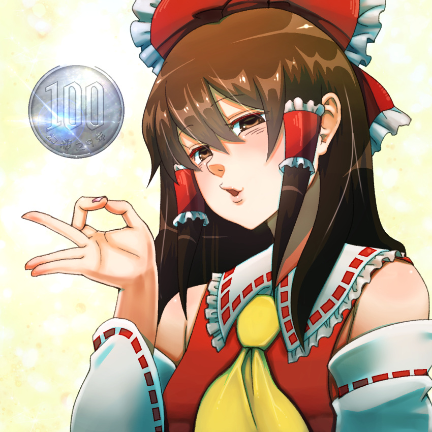 1girl, ascot, bare_shoulders, bow, brown_eyes, brown_hair, burikarun, coin