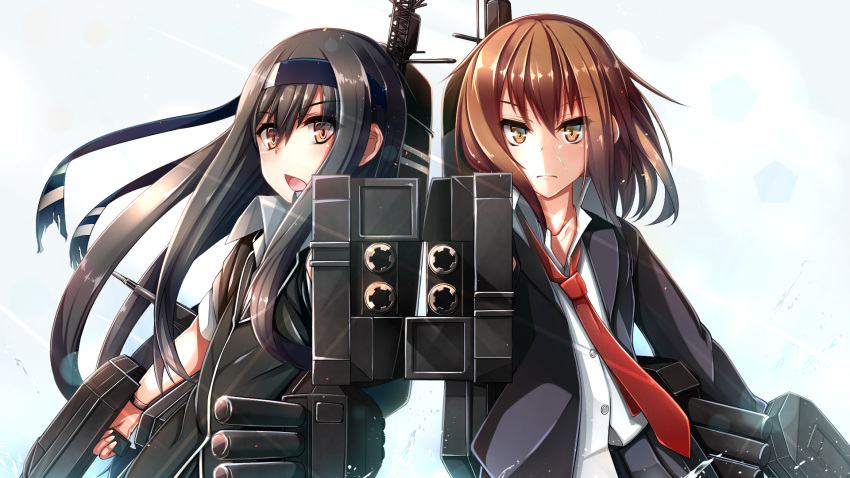 2girls, black_jacket, black_skirt, brown_eyes, brown_hair, closed_mouth, collarbone, collared_shirt