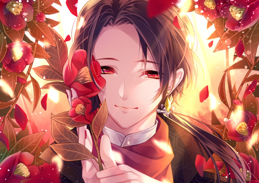 1boy, bangs, blurry, brown_hair, camellia_(flower), closed_mouth, crystal_earrings, earrings