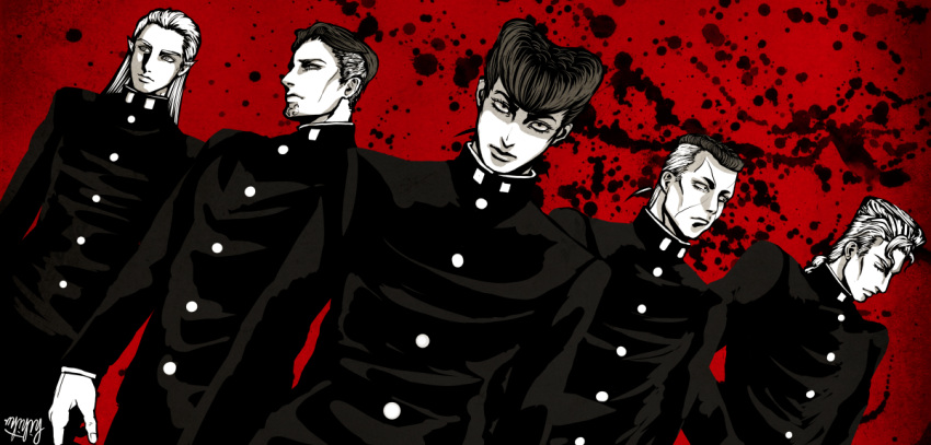 5boys, alternate_costume, braid, dutch_angle, facial_hair, facial_mark, fungami_yuuya, gakuran