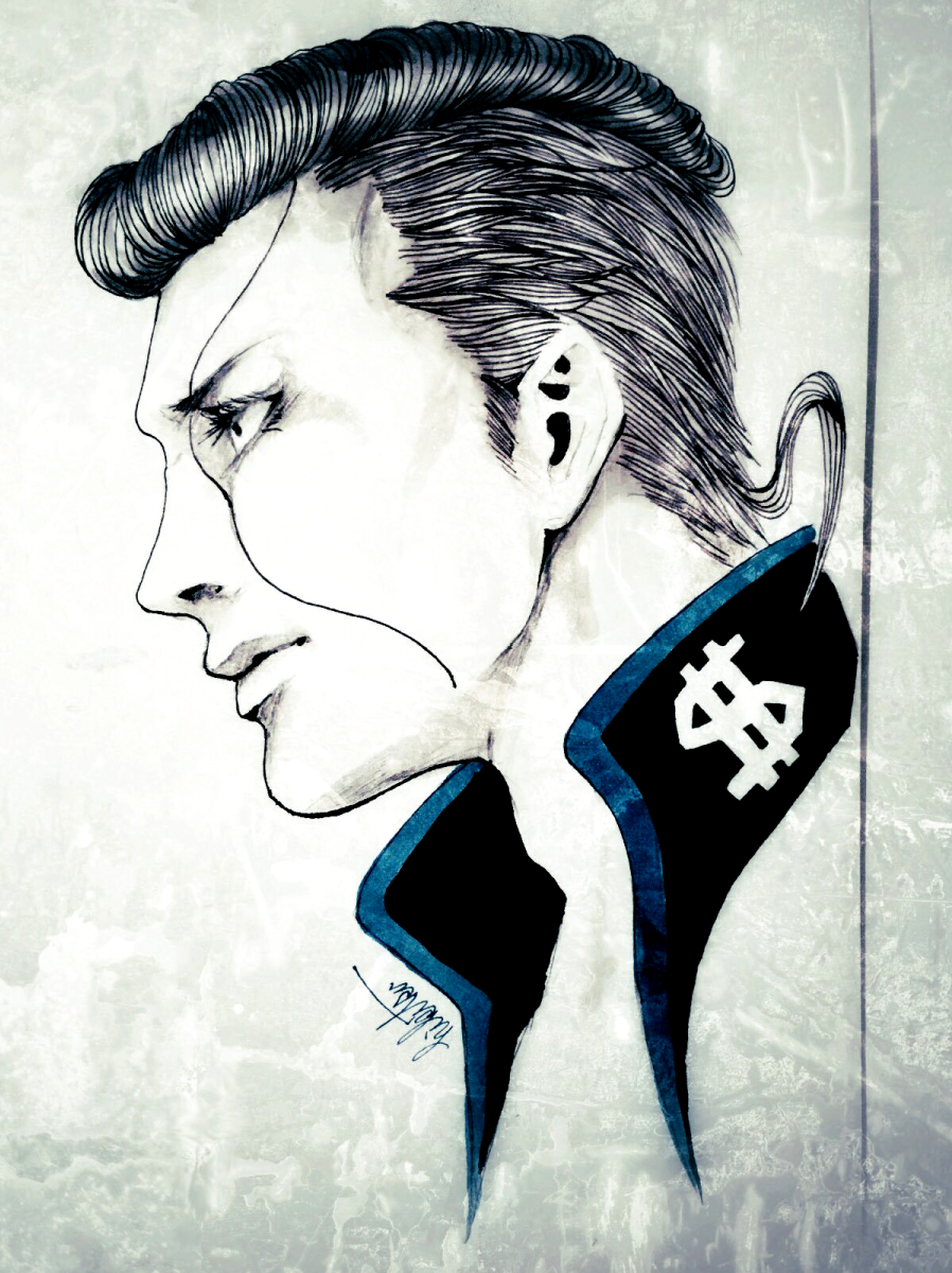 1boy, adam's_apple, black_hair, dollar_sign, face, facial_mark, from_side, highres