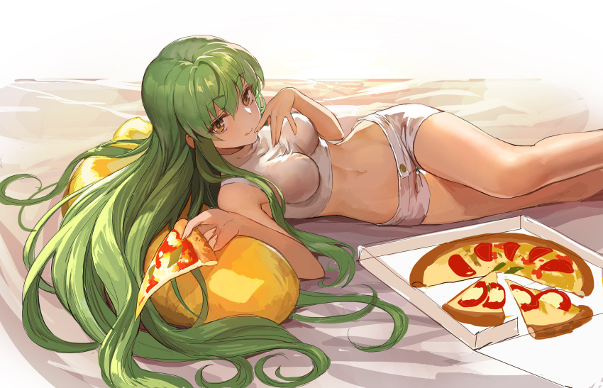 1girl, baby-doll, bare_shoulders, bed_sheet, breasts, c.c., cheese-kun, code_geass