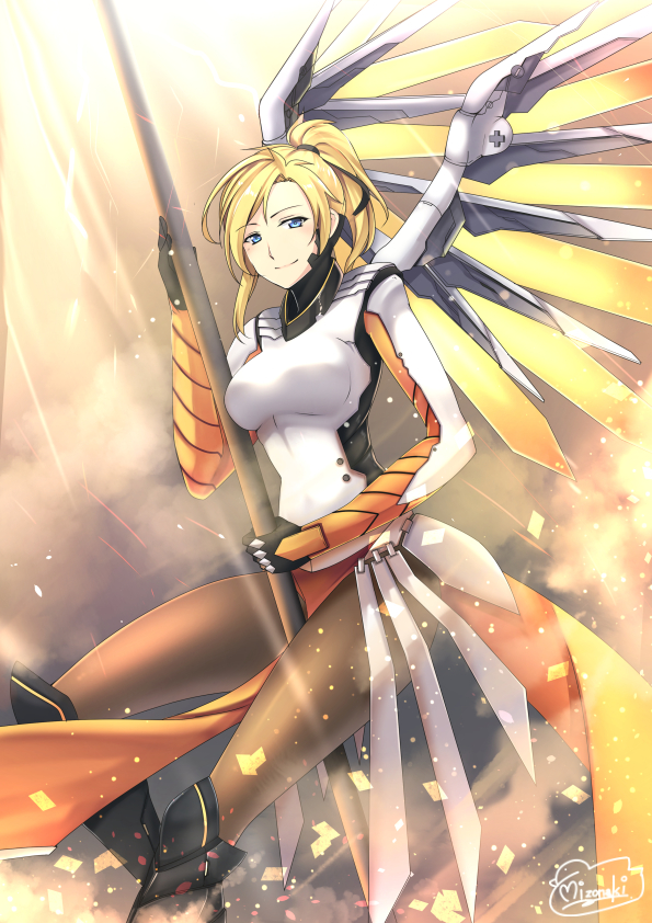 1girl, artist_name, between_legs, blonde_hair, blue_eyes, bodysuit, breasts, brown_legwear, clouds, cowboy_shot, faulds, glowing, glowing_wings, greaves, hair_tie, high_ponytail, holding, holding_staff, large_breasts, light_particles, light_smile, looking_at_viewer, mechanical_halo, mechanical_wings, mercy_(overwatch), mizonaki, overwatch, pelvic_curtain, signature, solo, spread_wings, staff, wings, yellow_wings