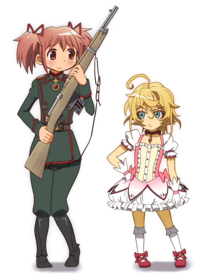 2girls, blonde_hair, blue_eyes, cosplay, costume_switch, crossover, gun, kaname_madoka