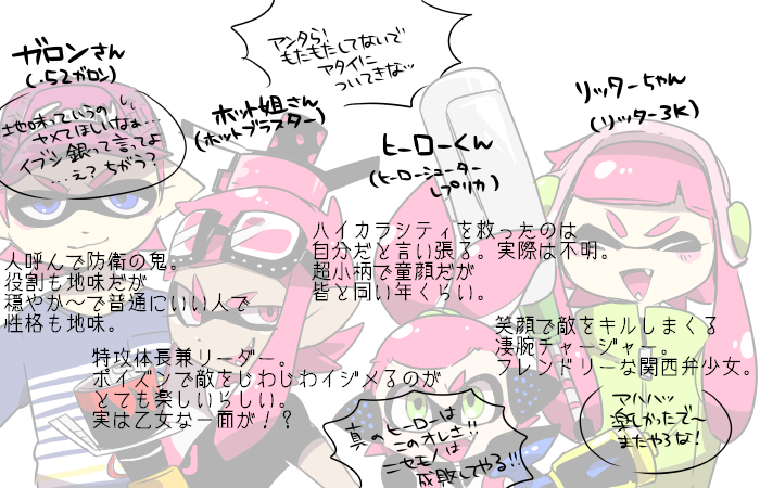.52_gal_(splatoon), 2boys, 2girls, baseball_cap, blaster_(splatoon), blue_eyes, character_profile, closed_eyes