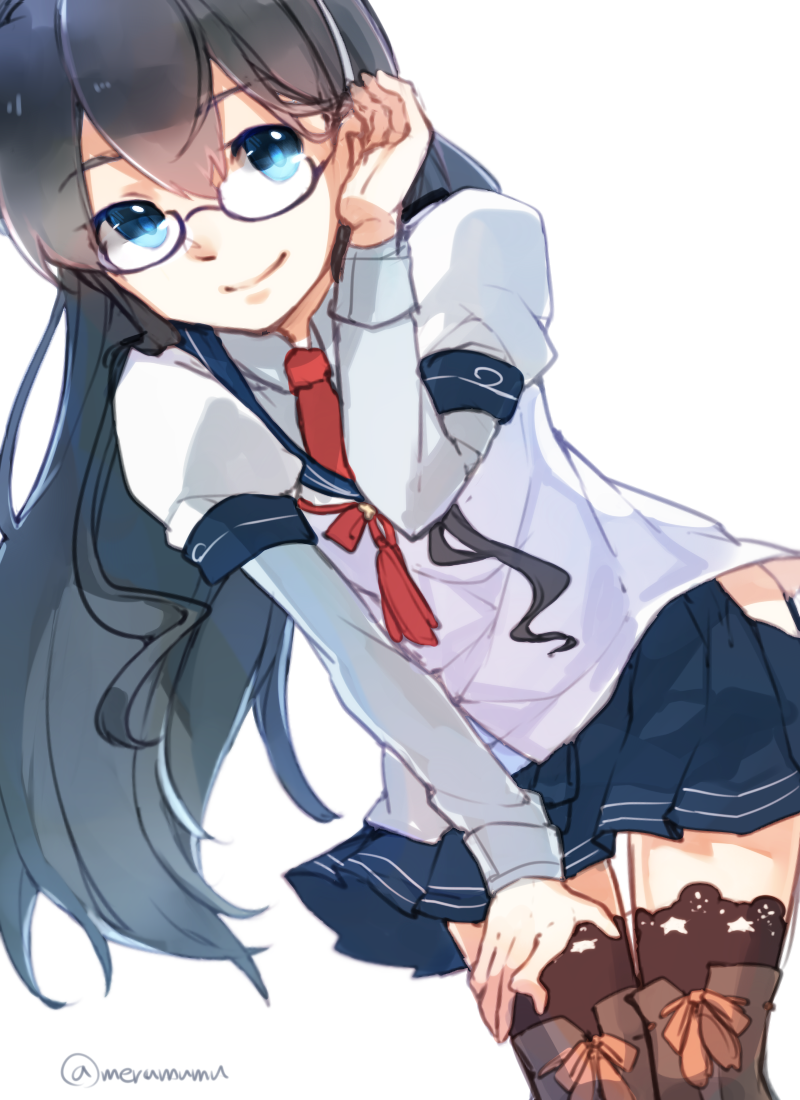1girl, black_hair, blue_eyes, commentary_request, glasses, hair_flip, hair_ribbon, hairband, hat, hip_vent, kantai_collection, long_hair, looking_at_viewer, meru_(merumumu), military, military_uniform, miniskirt, naval_uniform, neckerchief, ooyodo_(kantai_collection), peaked_cap, ribbon, school_uniform, serafuku, skirt, smile, solo, thigh-highs, tress_ribbon, twitter_username, uniform, zettai_ryouiki