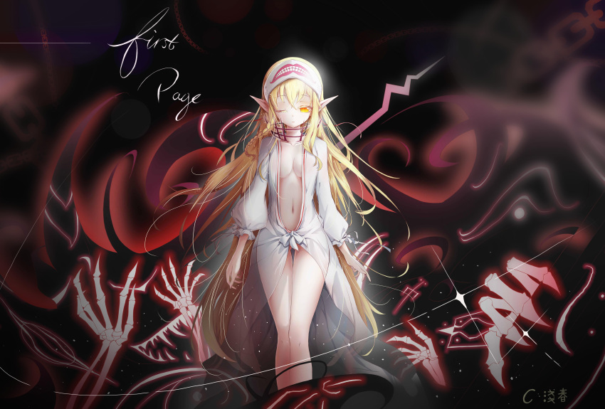 1girl, absurdres, asa_ni_haru, blonde_hair, bloodline, bone, breasts, collarbone, gluteal_fold, hairband, highres, long_hair, medium_breasts, naked_robe, navel, one_eye_closed, pointy_ears, robe, ruthtria_(bloodline), signature, solo, very_long_hair, yellow_eyes