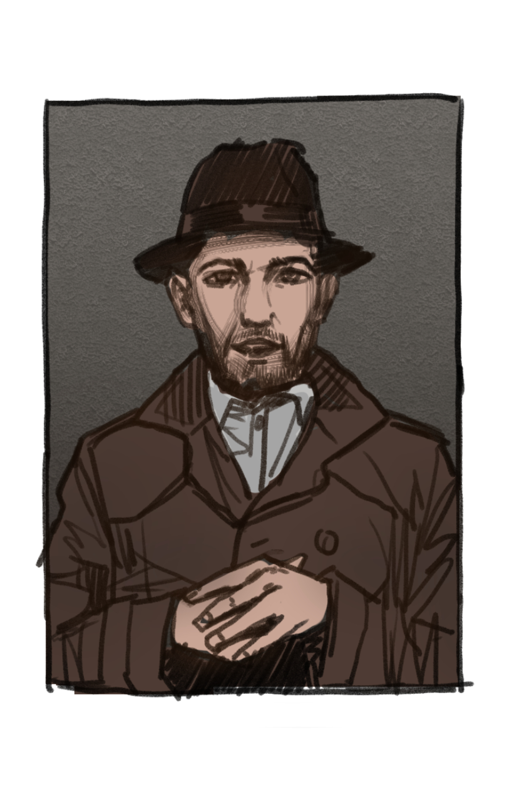 1boy, 1girl, bloodcandy, coat, hands_together, hat, highres, looking_at_viewer, male_focus, solo, upper_body