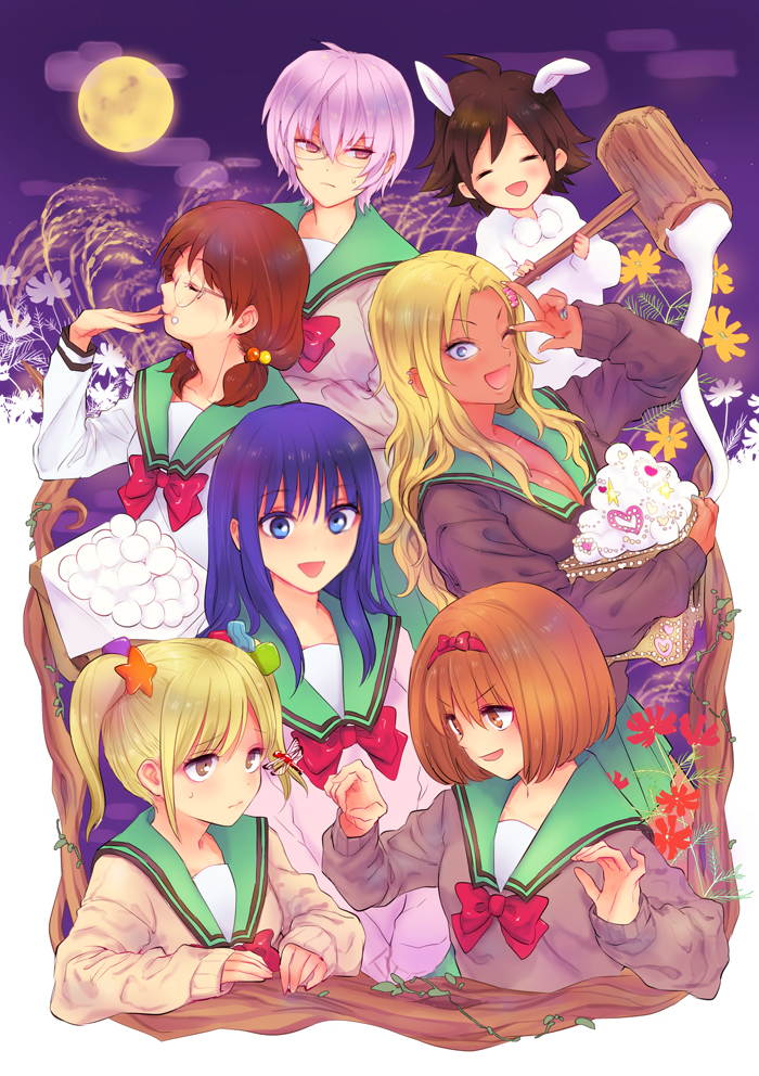 6+girls, bow, eating, full_moon, kusuke_(3157), mera_chisato, moon, multiple_girls