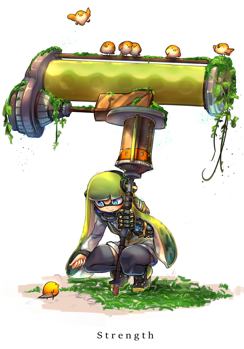 1girl, ankle_boots, bangs, bird, black_boots, black_legwear, black_shorts, blue_eyes, blunt_bangs, boots, closed_mouth, domino_mask, dynamo_roller_(splatoon), english, full_body, headgear, highres, holding, holding_weapon, inkling, ivy, kashu_(hizake), long_hair, long_sleeves, looking_down, mask, mechanical_arm, short_jumpsuit, shorts, smile, solo, splatoon, squatting, squidbeak_splatoon, strength_(tarot_card), tarot, tentacle_hair, thigh-highs, weapon, white_background