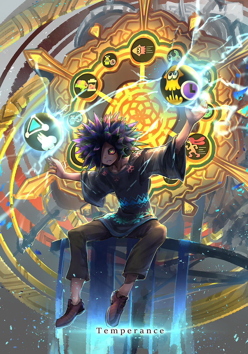 1boy, black_hair, black_pants, black_shirt, brown_eyes, daunii_(splatoon), english, full_body
