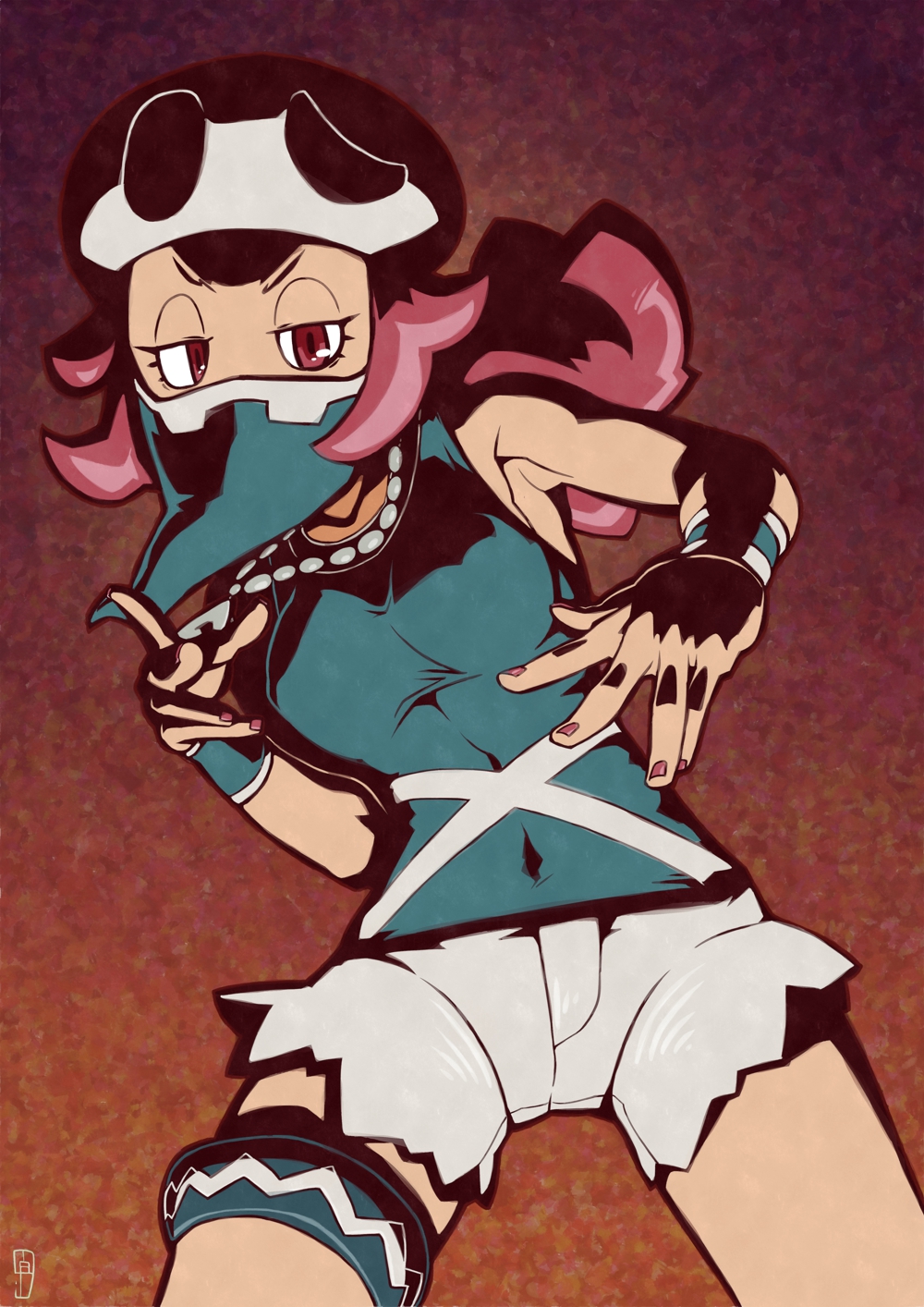 1girl, bandana_over_mouth, bandanna, bare_shoulders, black_shirt, breasts, chawalit_adsawawalanon, covered_navel