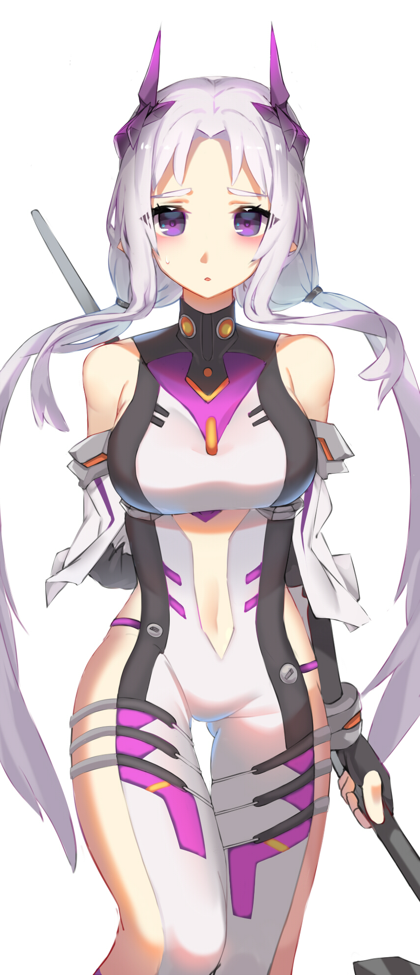 1girl, arm_behind_back, bangs, black_gloves, blush, bodysuit, breasts, closers