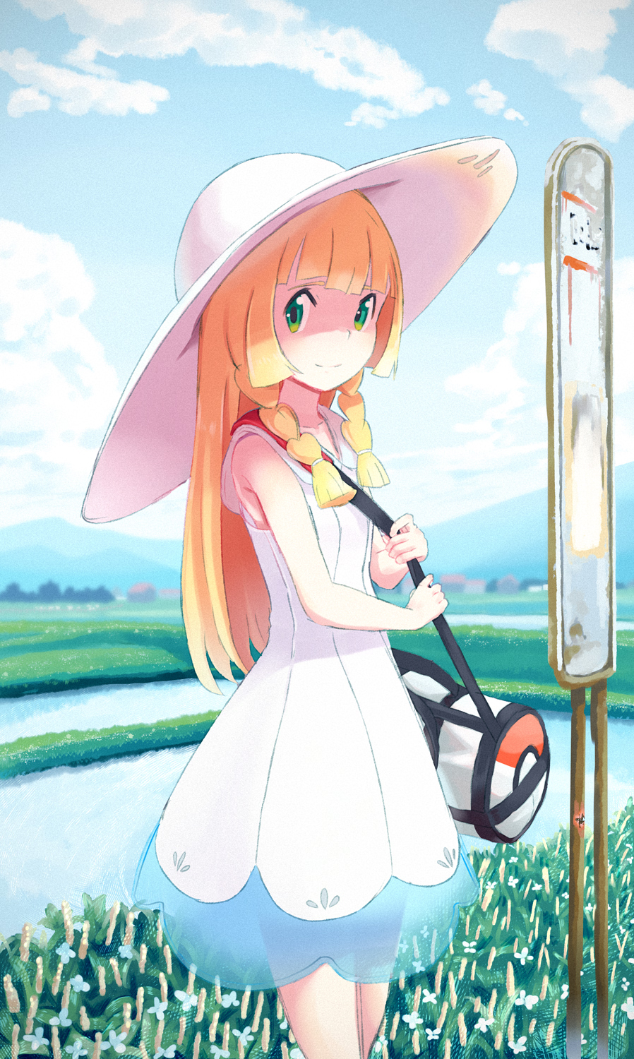 1girl, bag, bangs, bare_arms, bare_shoulders, blonde_hair, blue_sky, blunt_bangs
