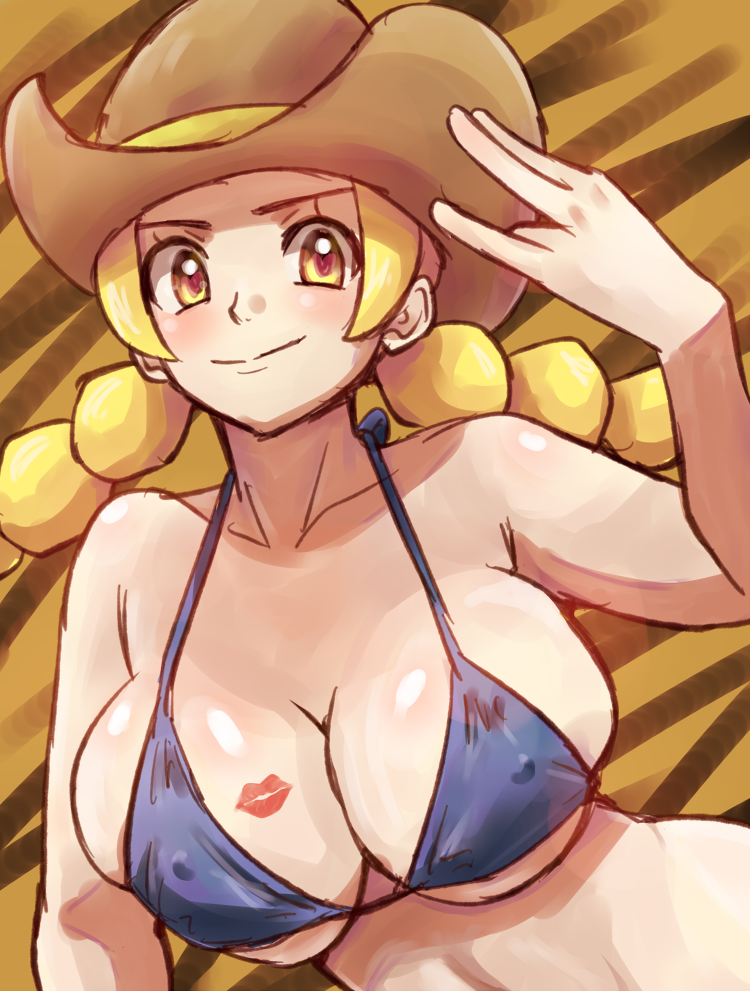 >:), 1girl, bare_arms, bare_shoulders, bikini, blonde_hair, blue_bikini, blush, breasts, brown_hat, cleavage, closed_mouth, cowboy_hat, deep_skin, erect_nipples, hat, heart, heart-shaped_pupils, large_breasts, lipstick_mark, long_hair, midriff, nakaba, npc, npc_trainer, pokemon, pokemon_(game), pokemon_breeder_(pokemon), pokemon_sm, shiny, shiny_skin, solo, swimsuit, symbol-shaped_pupils, twintails, under_boob, yellow_eyes