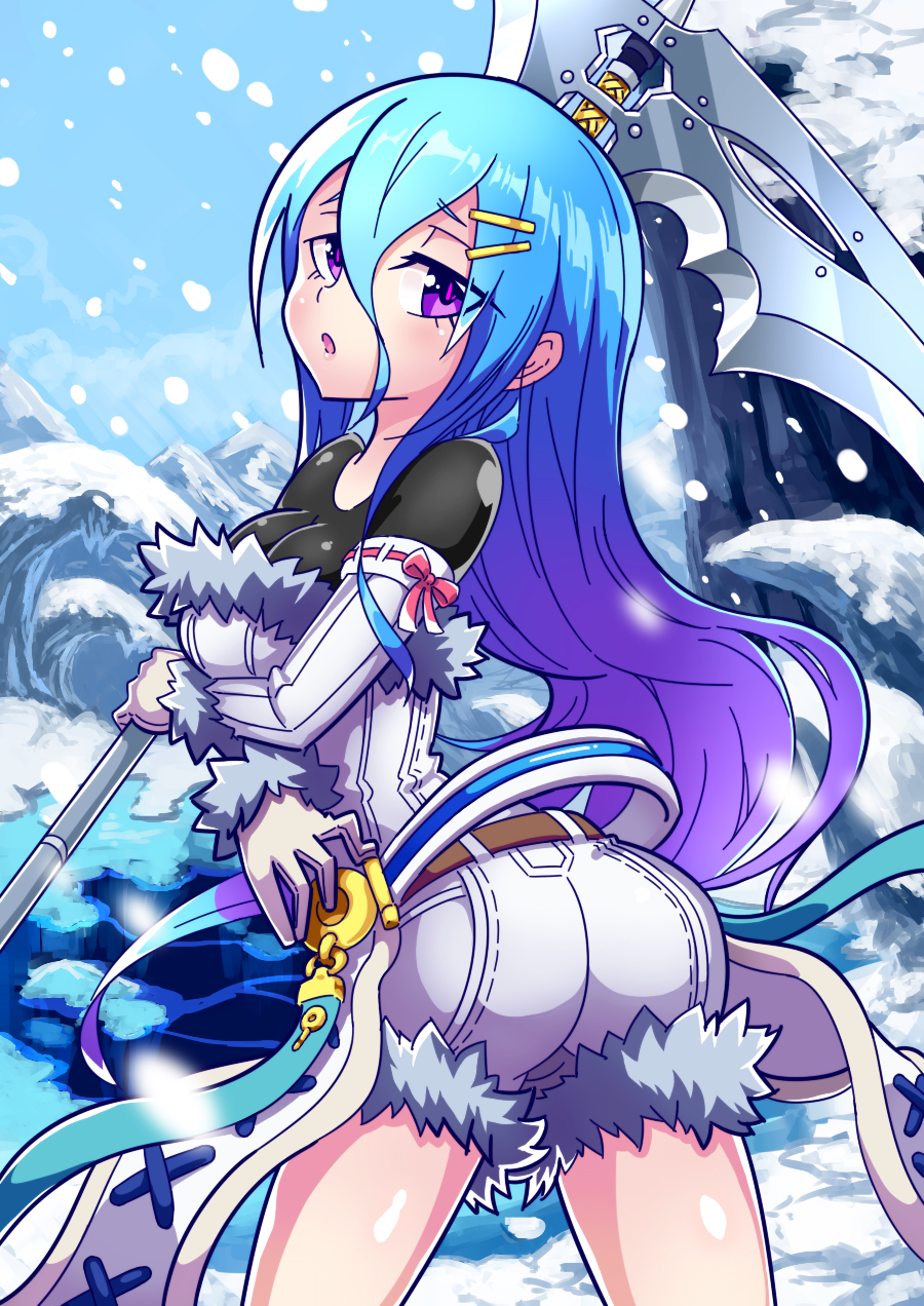 1girl, :o, arched_back, ass, bangs, belt, blue_hair, blush
