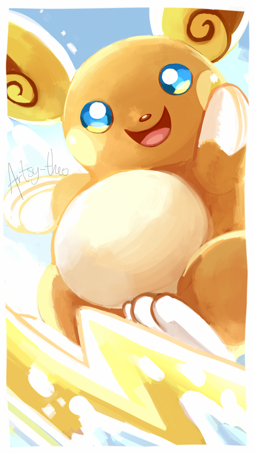 alola_form, alolan_raichu, artist_name, artsy-theo, no_humans, open_mouth, pokemon, pokemon_(creature), pokemon_(game), pokemon_sm, raichu, smile, surfing