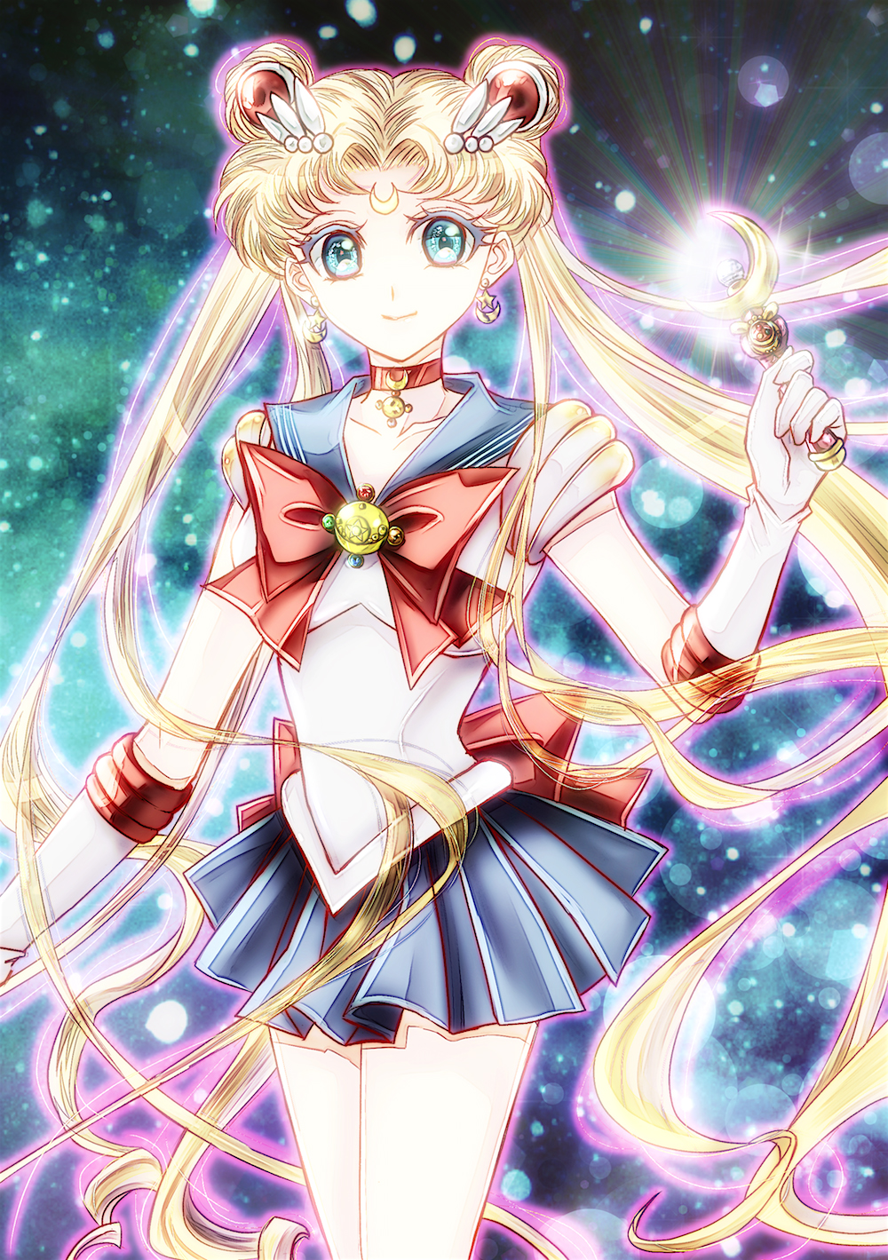 bishoujo_senshi_sailor_moon, blonde_hair, blue_eyes, blush, choker, gloves, hair_buns, long_hair