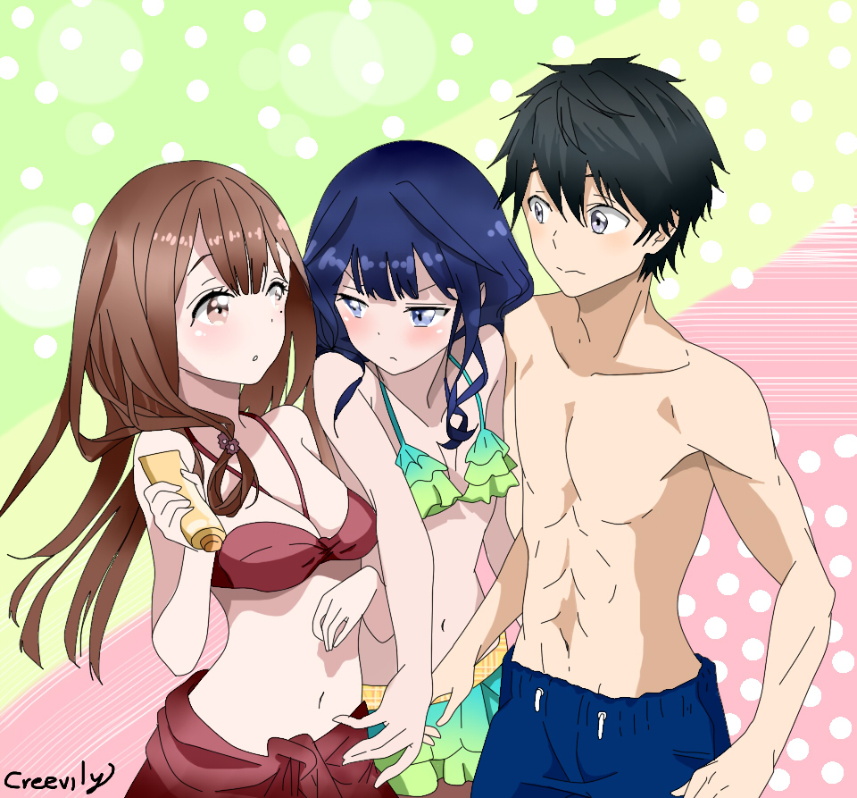 1boy, 2girls, adagaki_aki, angry, bikini, bikini_skirt, black_hair, blue_hair, boy, brown_hair, creevily, deviantart, female_swimwear, fujinomiya_neko, long_hair, makabe_masamune, male_swimwear, masamune-kun_no_revenge, shirtless, shorts, sunblock, surprised, swim_trunks, towel