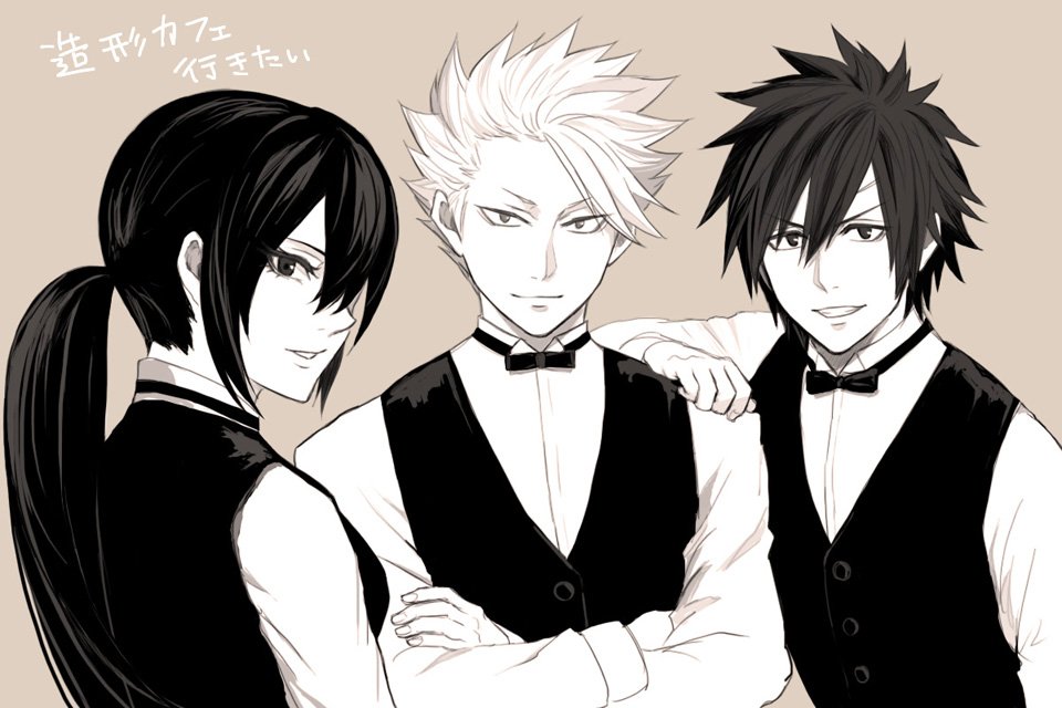 1girl, 2boys, artist_request, black_hair, fairy_tail, gray_fullbuster, lyon_vastia, monochrome, necktie, ponytail, translation_request, ultear_milkovich, waiter, white_hair
