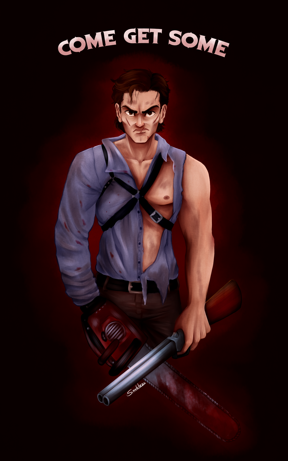 1boy, ashley_j_williams, brown_eyes, brown_hair, chainsaw, english, evil_dead, gun