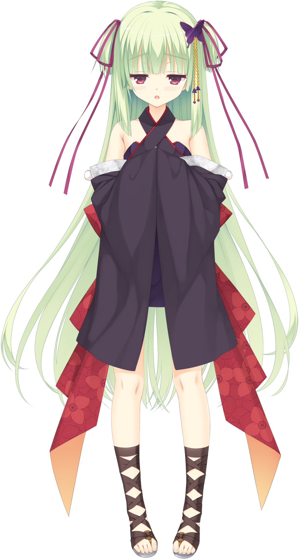 1girl, :o, butterfly_hair_ornament, floral_print, full_body, green_hair, hair_ornament, hair_ribbon, halterneck, highres, jitome, kobuichi, long_hair, looking_at_viewer, murasame_(senren), official_art, open_toe_shoes, red_eyes, ribbon, senren_banka, shoes, sleeves_past_wrists, solo, transparent_background, two_side_up, very_long_hair