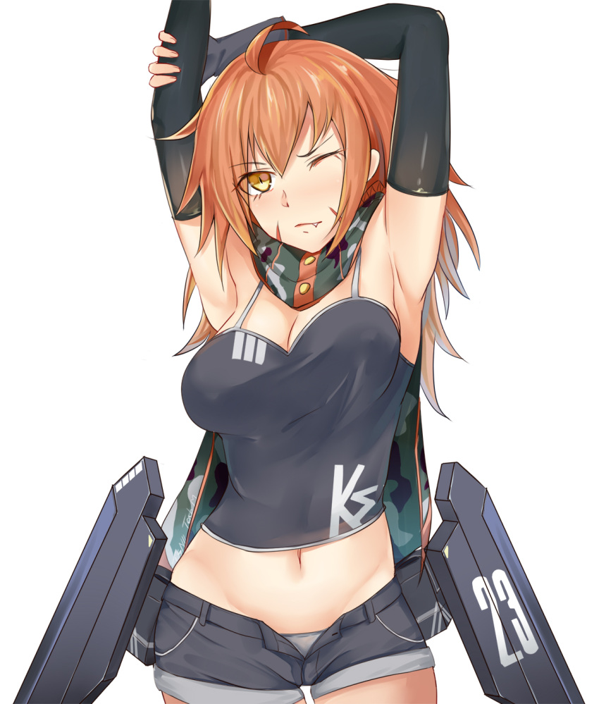 1girl, ;/, ahoge, armor, blush, breasts, bridal_gauntlets, cleavage, eyebrows_visible_through_hair, eyes_visible_through_hair, fang, girls_frontline, highres, ks-23_(girls_frontline), long_hair, looking_at_viewer, messy_hair, midriff, navel, one_eye_closed, orange_hair, scar, scarf, shorts, stretch, tank_top, yellow_eyes, 波波1加1