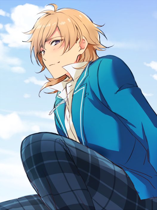 1boy, blazer, blush, brown_hair, clouds, cm10th, ensemble_stars!, hakaze_kaoru