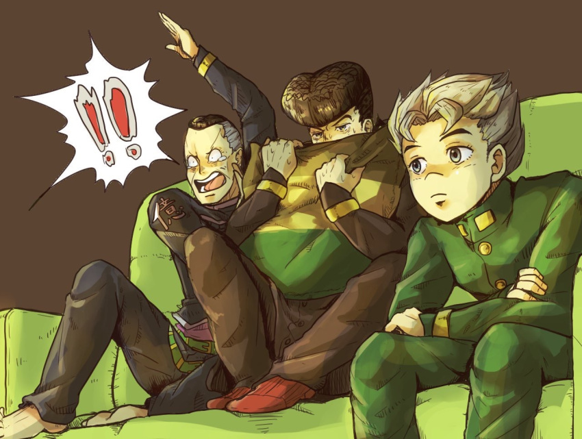 !!, 3boys, barefoot, black_hair, couch, diamond_wa_kudakenai, facial_mark, gakuran