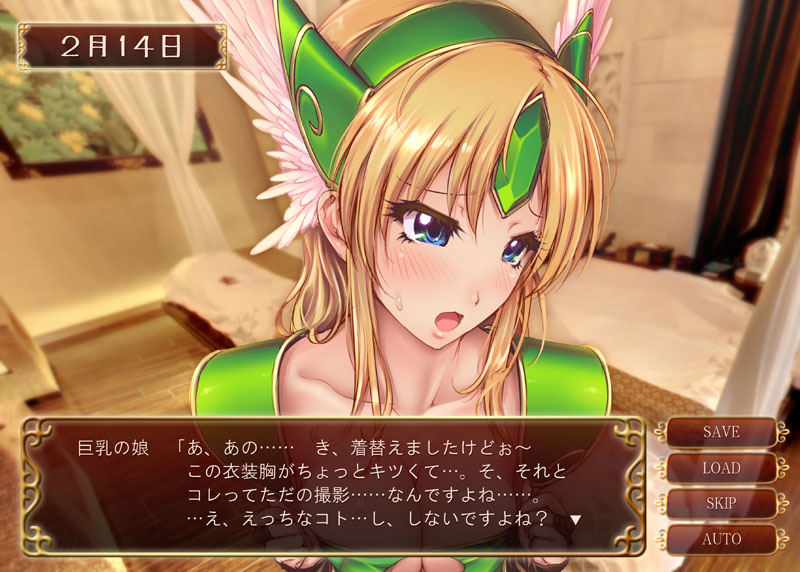 144_(riesztan), 1girl, blonde_hair, blue_eyes, blush, breasts, fake_screenshot, gloves