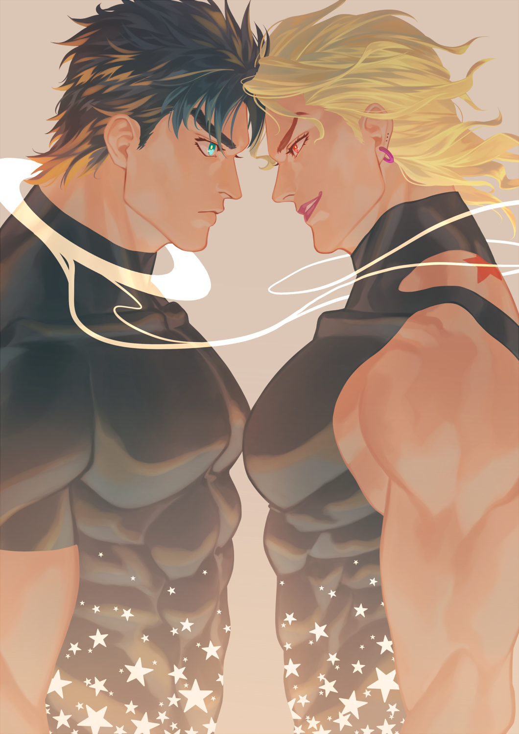2boys, abs, aqua_eyes, birthmark, black_hair, blonde_hair, dio_brando, earrings