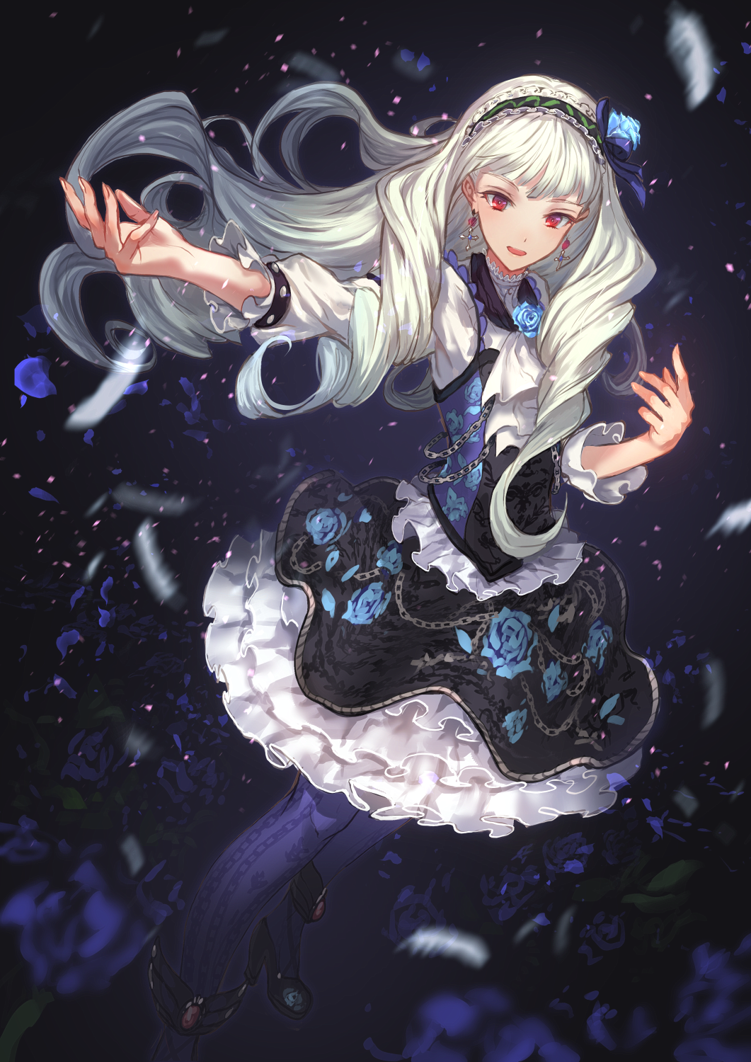 1girl, aikatsu!, aikatsu_stars!, blue_legwear, blue_rose, chains, commentary_request, cross