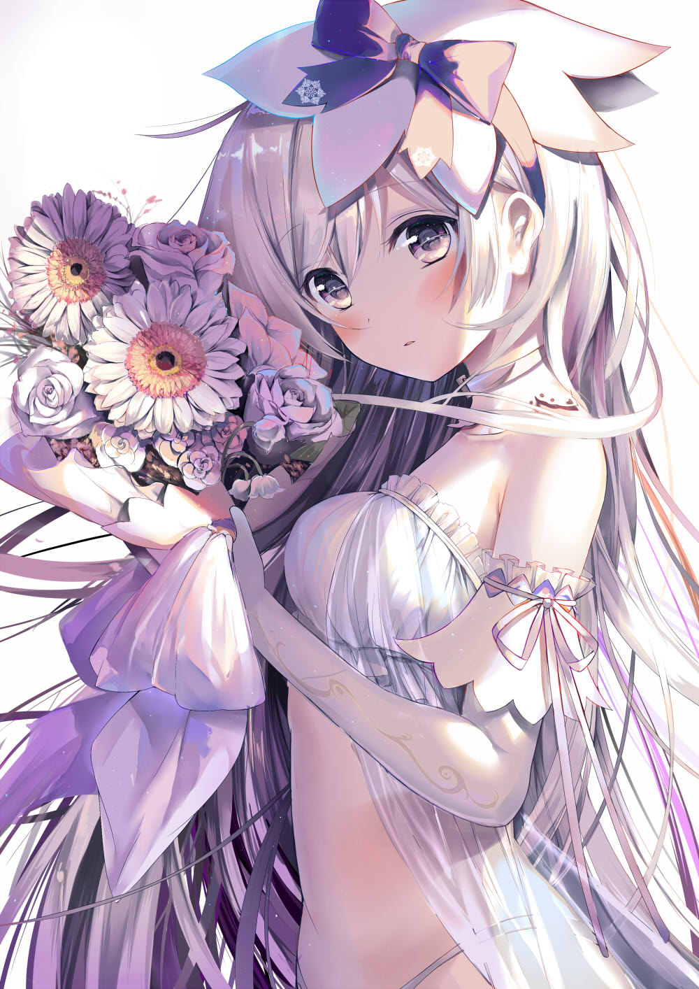 1girl, arm_ribbon, babydoll, bangs, bare_shoulders, blush, bouquet, breasts