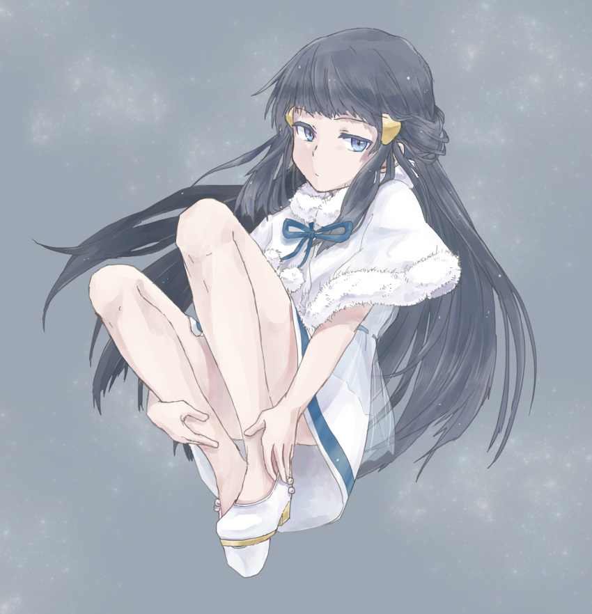 1girl, black_hair, blue_eyes, blue_hair, capelet, dress, expressionless, fetal_position, full_body, fur-trimmed_capelet, fur_trim, grey_background, hair_ornament, high_heels, highres, hikari_(pokemon), long_hair, pokemon, pokemon_(game), pokemon_dppt, rifu_(rif_rif), simple_background, snow, solo