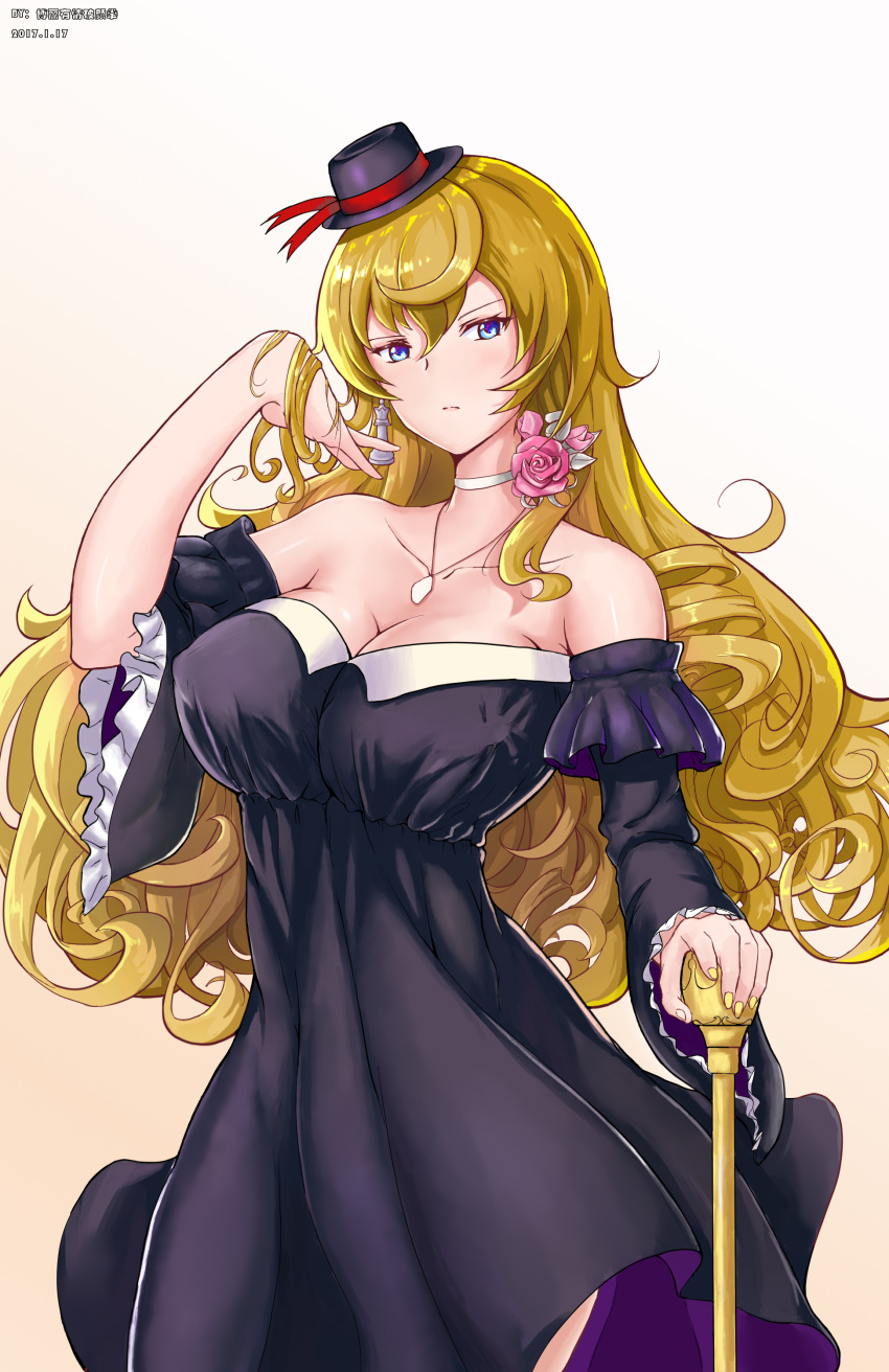 1girl, absurdres, alternate_costume, artist_request, black_dress, blonde_hair, blue_eyes, breasts