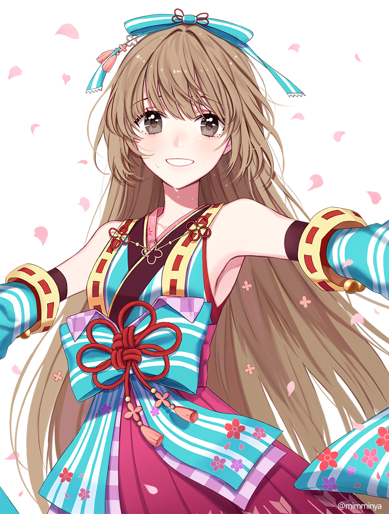 1girl, armpits, blush, bow, brown_eyes, brown_hair, cowboy_shot, detached_sleeves