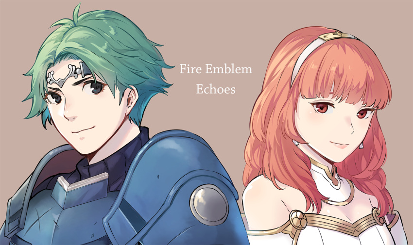 1girl, alm_(fire_emblem), armor, bare_shoulders, breasts, celica_(fire_emblem), circlet, cleavage, copyright_name, dress, earrings, fire_emblem, fire_emblem_echoes:_mou_hitori_no_eiyuuou, green_eyes, green_hair, ichikeita, jewelry, lipstick, long_hair, makeup, pauldrons, red_eyes, redhead, simple_background, sleeveless, smile, strapless, strapless_dress, tiara, upper_body, weapon