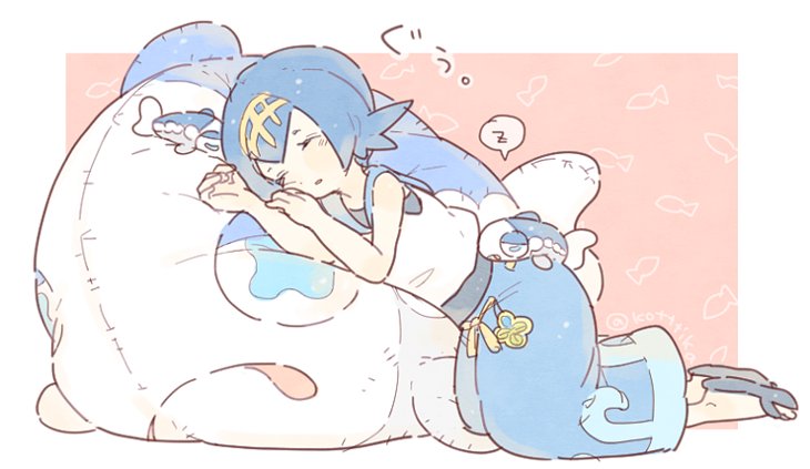 1girl, blue_hair, blue_pants, closed_eyes, hairband, katiko, pants, pokemon
