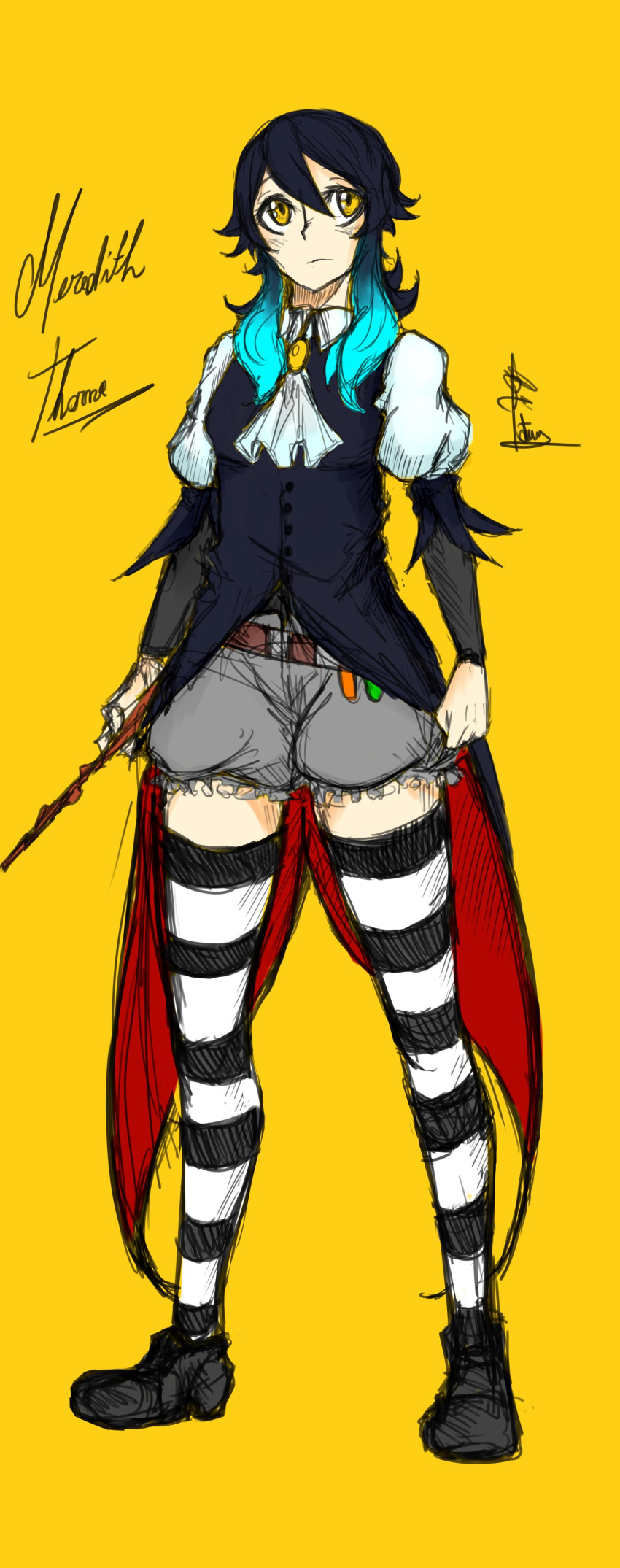 1girl, absurdres, black_shoes, blue_hair, cape, cravat, fatuus, highres