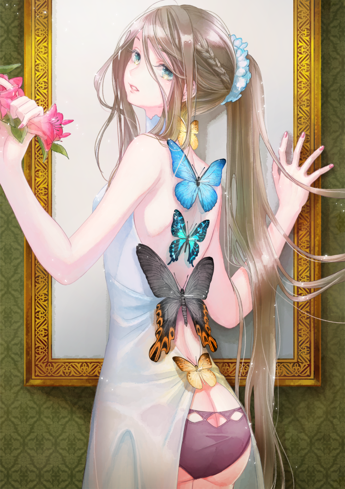 1girl, ass, ass_cutout, back, blonde_hair, blue_eyes, braid, butterfly, cako_asida, cowboy_shot, dress, flower, frame, gown, green_eyes, grey_hair, holding, holding_flower, long_hair, looking_at_viewer, nail_polish, open-back_dress, original, panties, pink_lips, ponytail, purple_panties, solo, underwear, very_long_hair