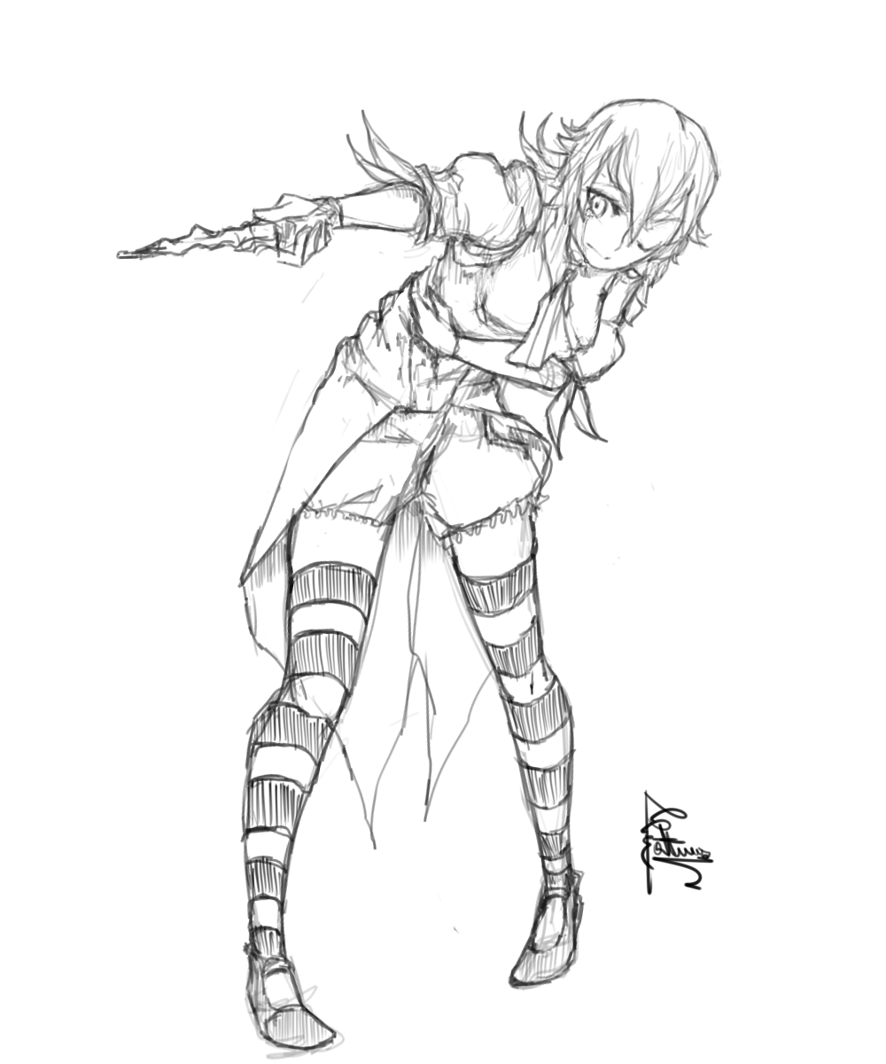 1girl, bent_over, blouse, cravat, fatuus, greyscale, highres, holding_stomach
