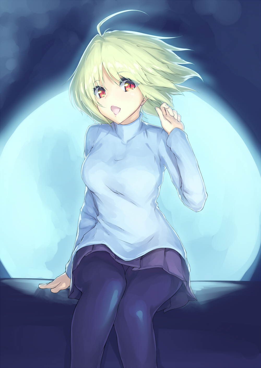 1girl, ahoge, arcueid_brunestud, black_legwear, blonde_hair, die_blonde_bestie, eyelashes, full_moon