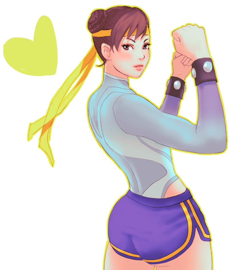 1girl, alternate_costume, ass, brown_eyes, brown_hair, chun-li, clenched_hands, double_bun
