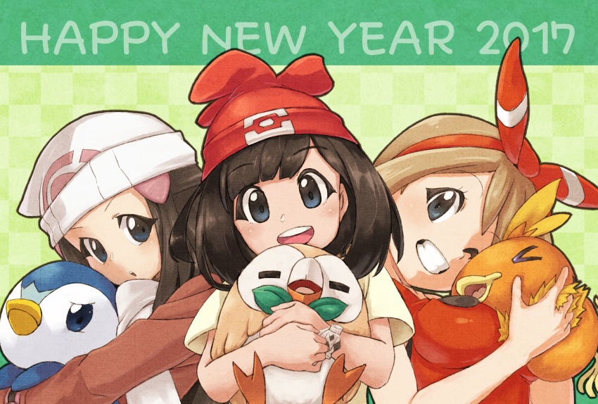 2017, 310123, 3girls, :d, :o, absurdres, animal, animal_between_breasts